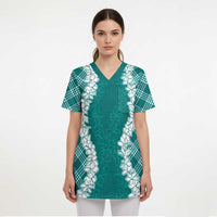 Hawaii Aloha Plumeria Lei Teal Palaka Scrub Top - Polynesian Pride