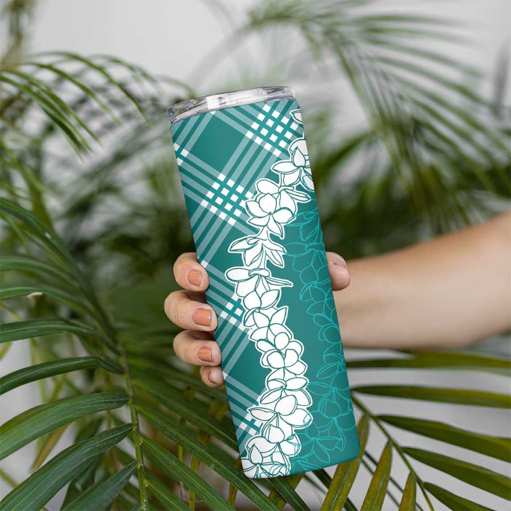 Hawaii Aloha Plumeria Lei Teal Palaka Skinny Tumbler - Polynesian Pride