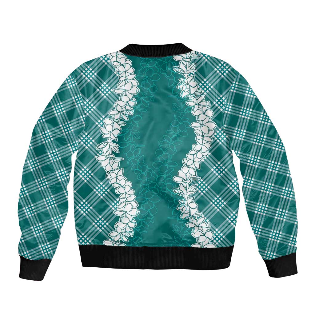 Hawaii Aloha Plumeria Lei Teal Palaka Sleeve Zip Bomber Jacket - Polynesian Pride