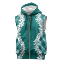 Hawaii Aloha Plumeria Lei Teal Palaka Sleeveless Zip Hoodie - Polynesian Pride