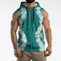 Hawaii Aloha Plumeria Lei Teal Palaka Sleeveless Zip Hoodie - Polynesian Pride