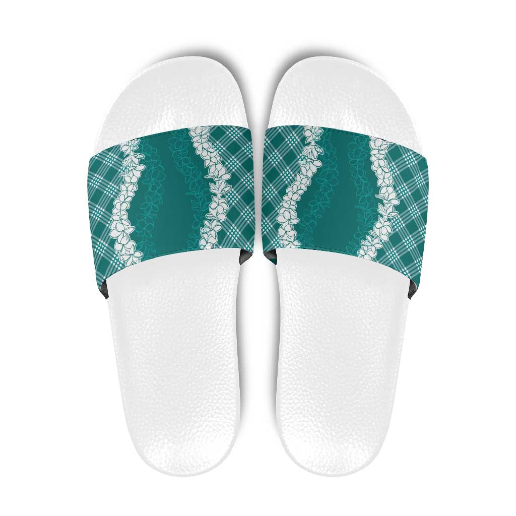 Hawaii Aloha Plumeria Lei Teal Palaka Slide Sandals - Polynesian Pride