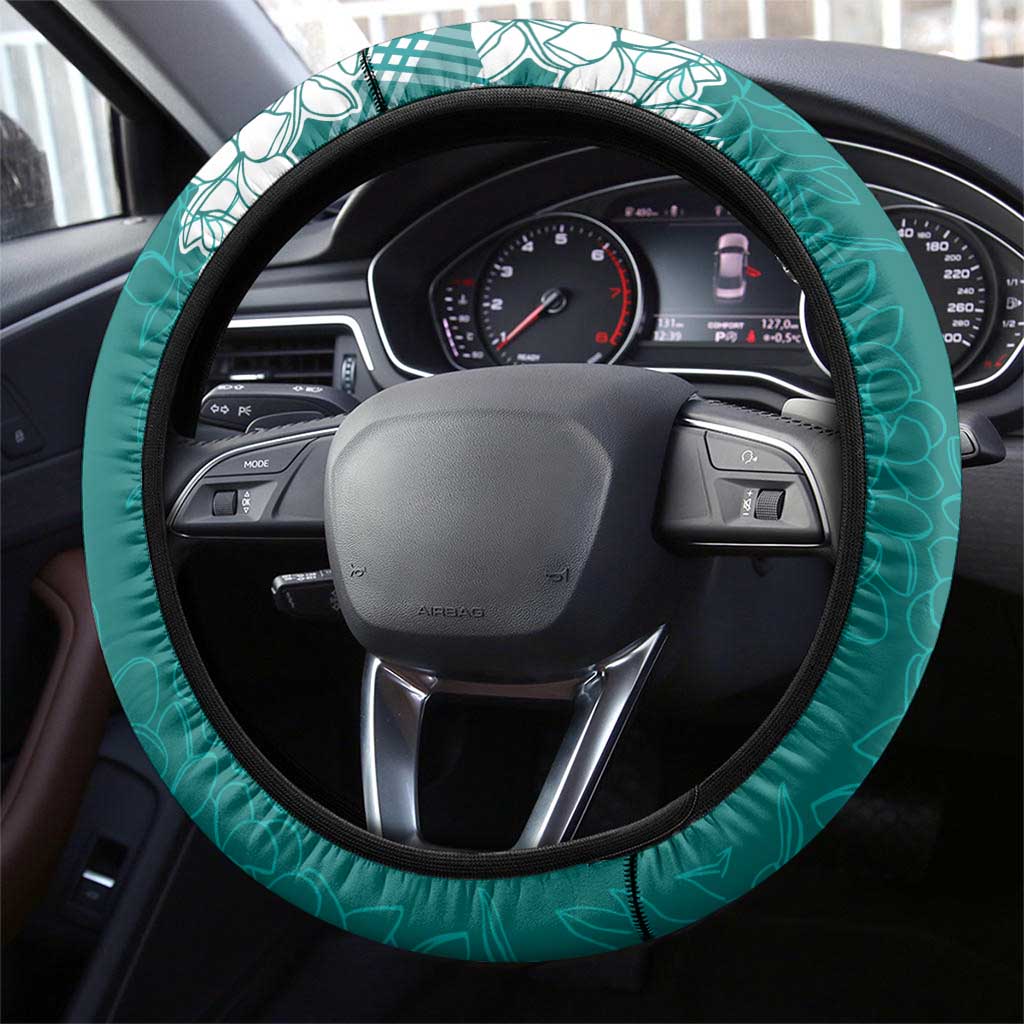 Hawaii Aloha Plumeria Lei Teal Palaka Steering Wheel Cover - Polynesian Pride
