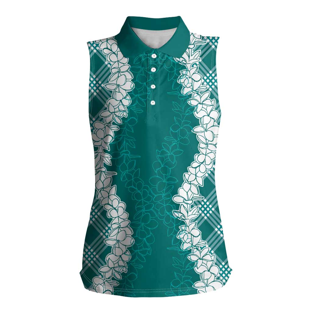 Hawaii Aloha Plumeria Lei Teal Palaka Women Sleeveless Polo Shirt - Polynesian Pride