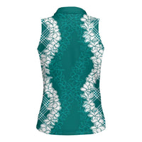 Hawaii Aloha Plumeria Lei Teal Palaka Women Sleeveless Polo Shirt - Polynesian Pride