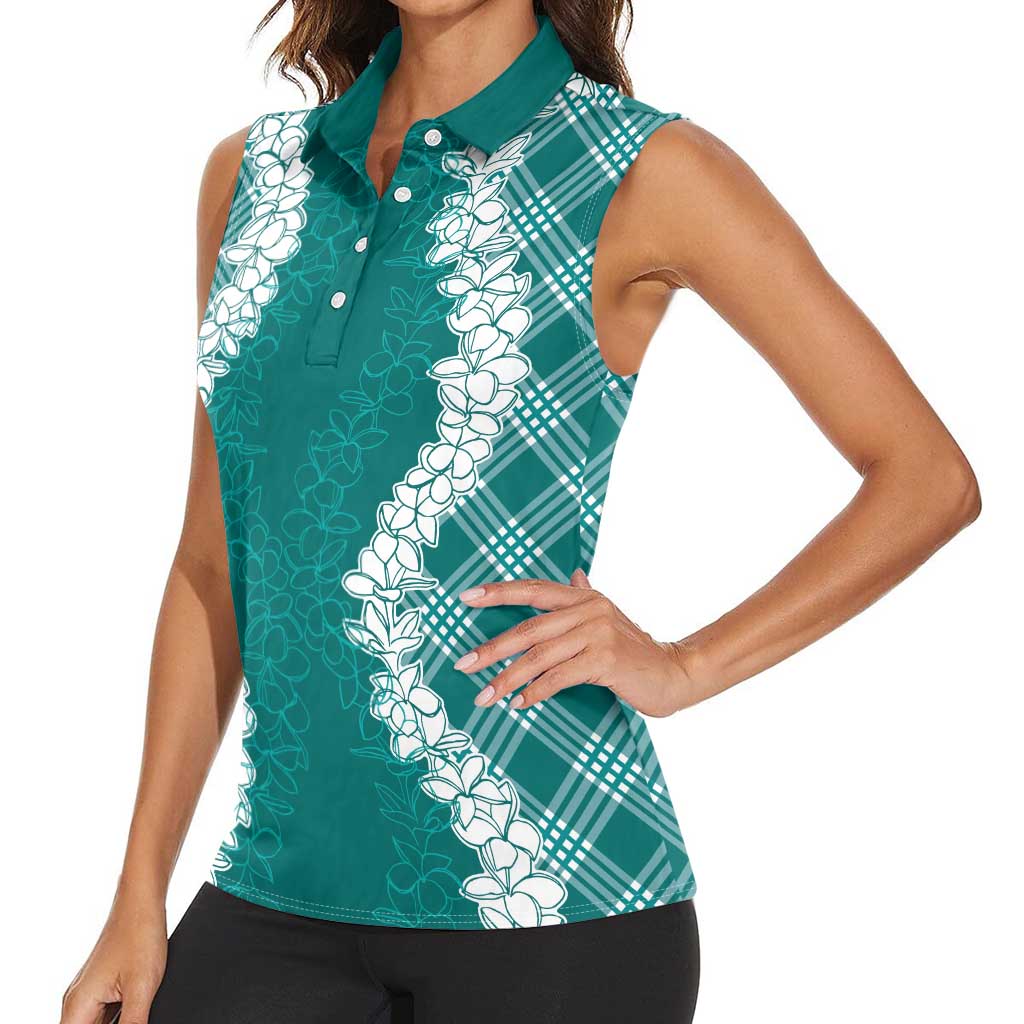 Hawaii Aloha Plumeria Lei Teal Palaka Women Sleeveless Polo Shirt - Polynesian Pride