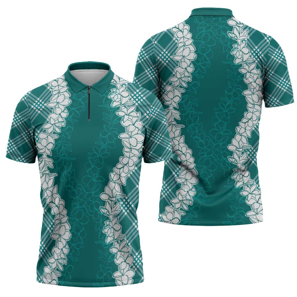 Hawaii Aloha Plumeria Lei Teal Palaka Zipper Polo Shirt - Polynesian Pride