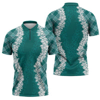 Hawaii Aloha Plumeria Lei Teal Palaka Zipper Polo Shirt - Polynesian Pride