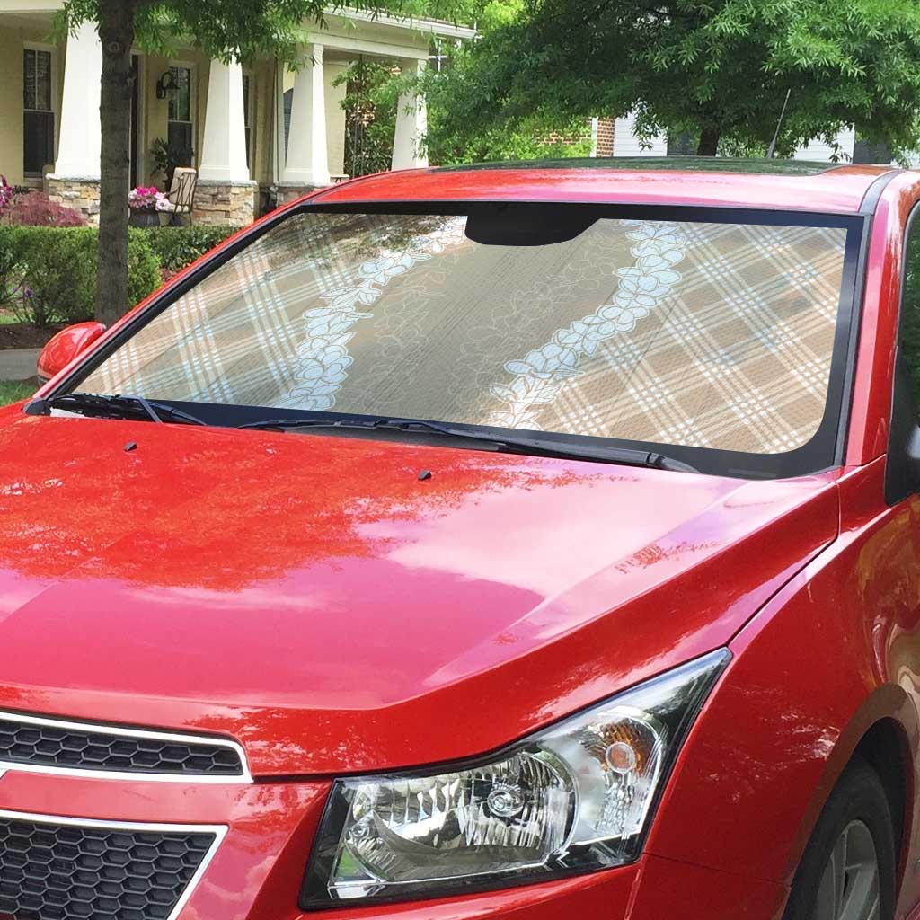 Hawaii Aloha Plumeria Lei Beige Palaka Auto Sun Shade - Polynesian Pride