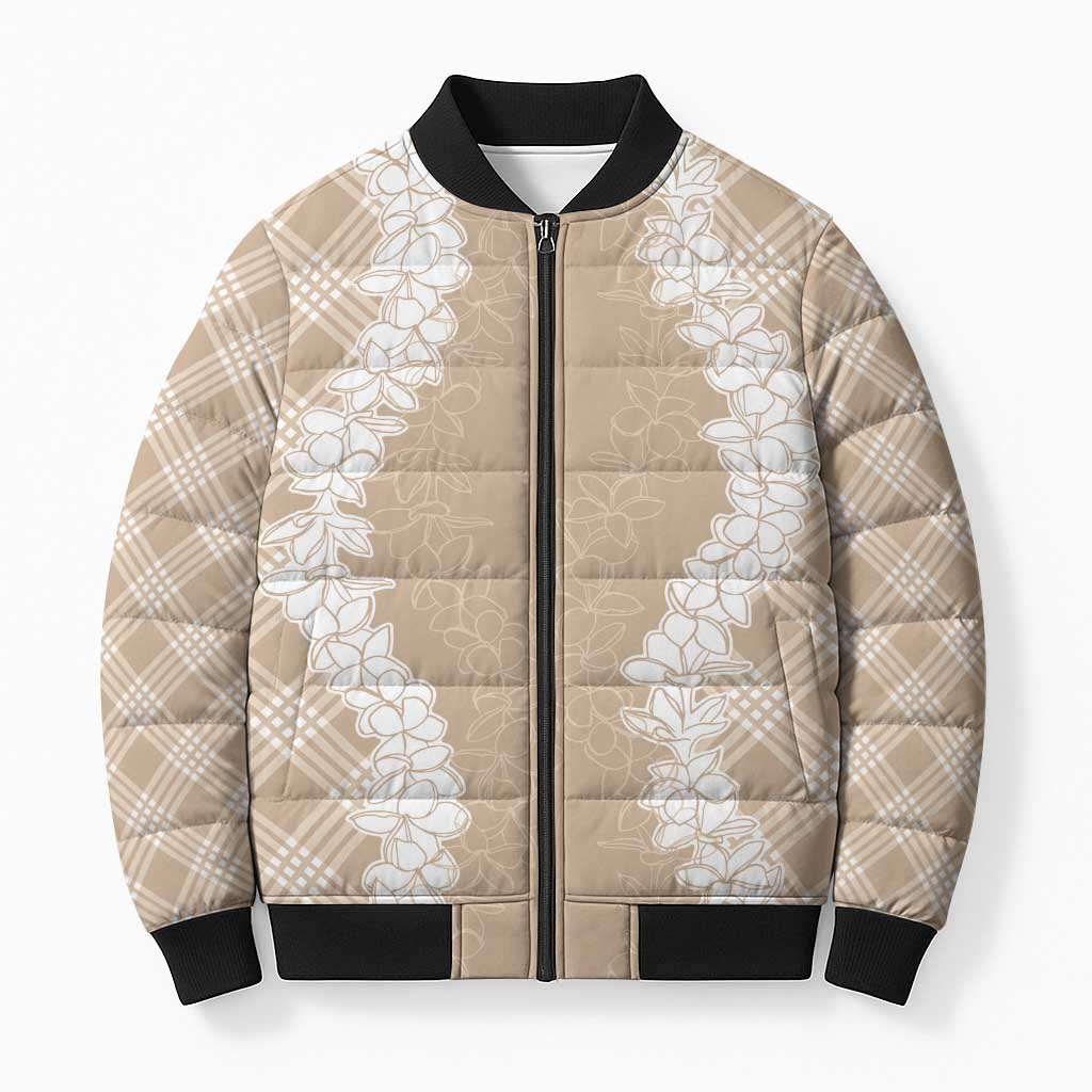 Hawaii Aloha Plumeria Lei Beige Palaka Bomber Puffer Jacket - Polynesian Pride