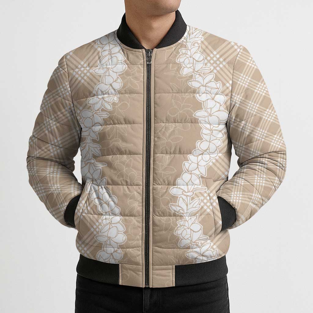 Hawaii Aloha Plumeria Lei Beige Palaka Bomber Puffer Jacket LT7 - Polynesian Pride