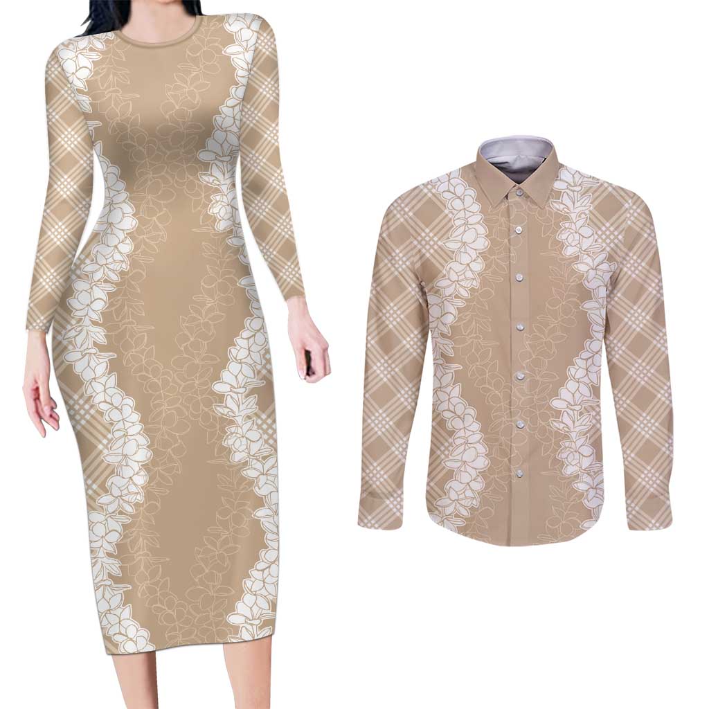 Hawaii Aloha Plumeria Lei Beige Palaka Couples Matching Long Sleeve Bodycon Dress and Long Sleeve Button Shirt - Polynesian Pride