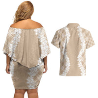 Hawaii Aloha Plumeria Lei Beige Palaka Couples Matching Off Shoulder Short Dress and Hawaiian Shirt - Polynesian Pride