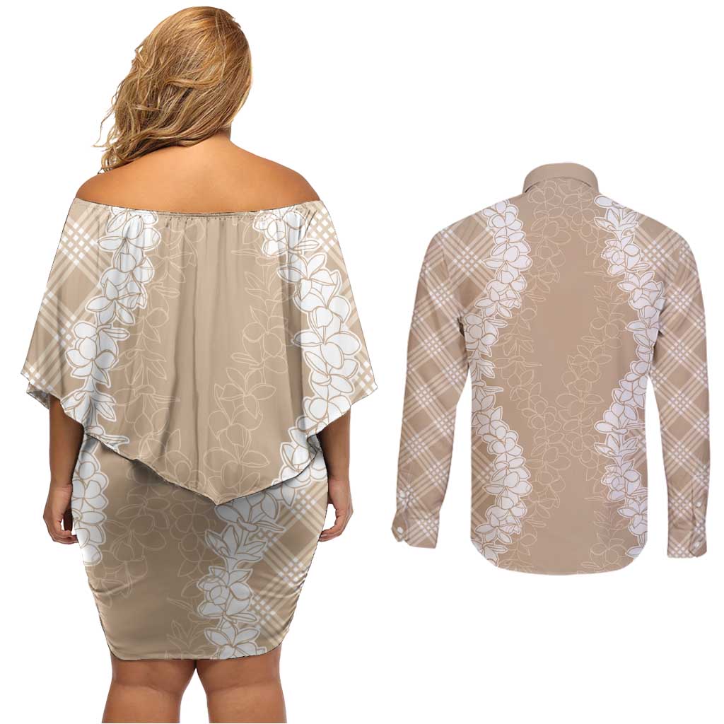 Hawaii Aloha Plumeria Lei Beige Palaka Couples Matching Off Shoulder Short Dress and Long Sleeve Button Shirt - Polynesian Pride