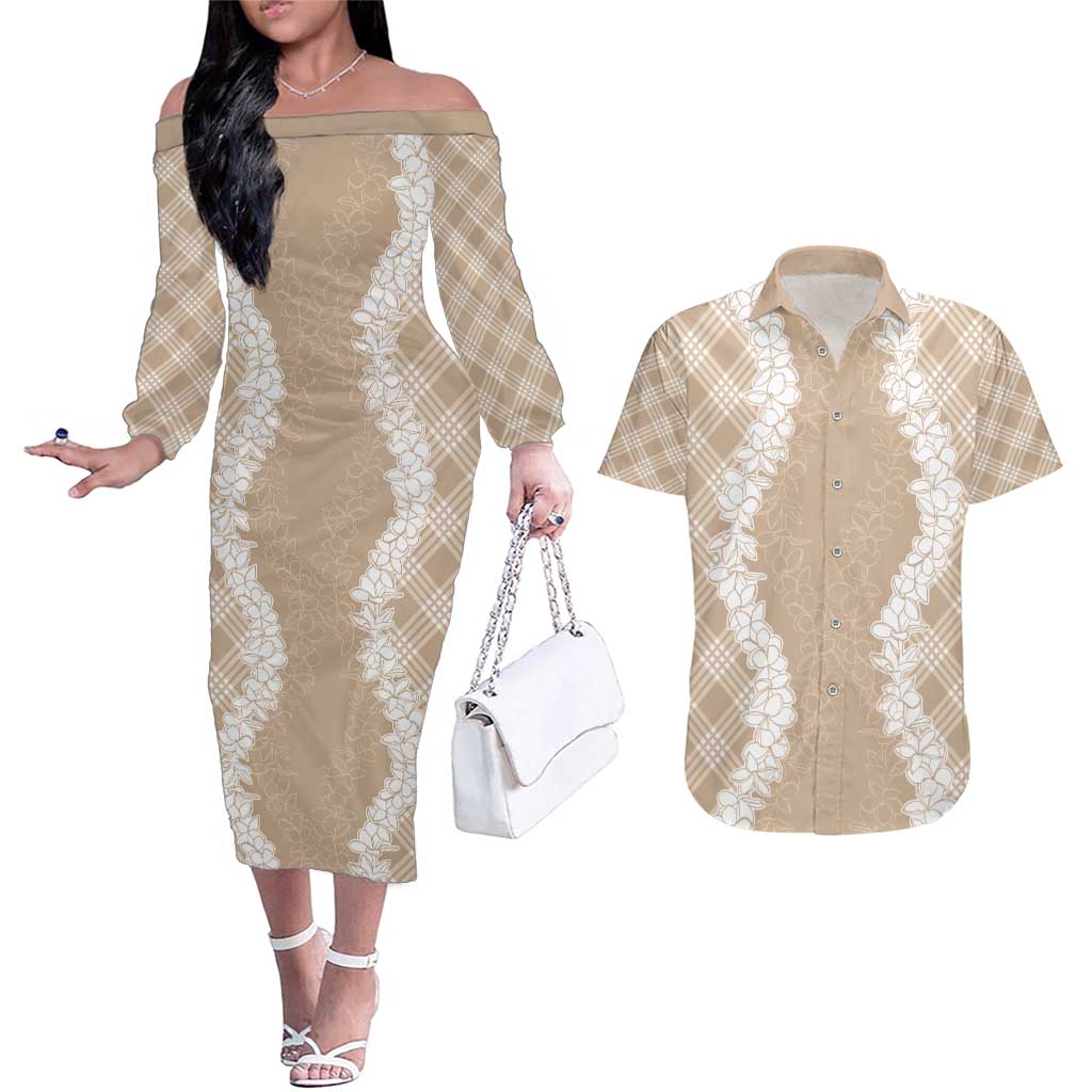 Hawaii Aloha Plumeria Lei Beige Palaka Couples Matching Off The Shoulder Long Sleeve Dress and Hawaiian Shirt - Polynesian Pride