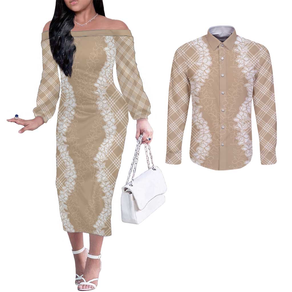 Hawaii Aloha Plumeria Lei Beige Palaka Couples Matching Off The Shoulder Long Sleeve Dress and Long Sleeve Button Shirt - Polynesian Pride