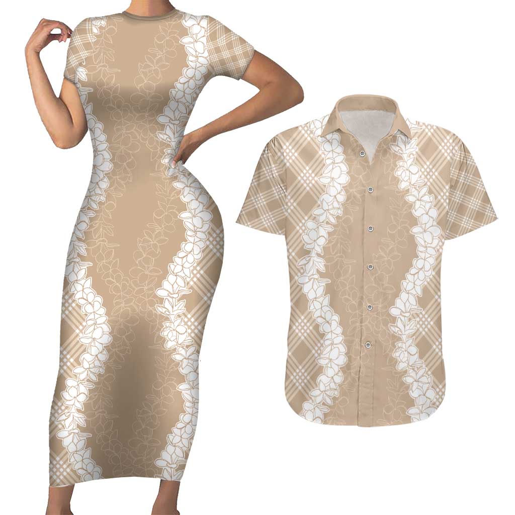 Hawaii Aloha Plumeria Lei Beige Palaka Couples Matching Short Sleeve Bodycon Dress and Hawaiian Shirt - Polynesian Pride