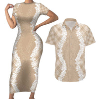 Hawaii Aloha Plumeria Lei Beige Palaka Couples Matching Short Sleeve Bodycon Dress and Hawaiian Shirt - Polynesian Pride
