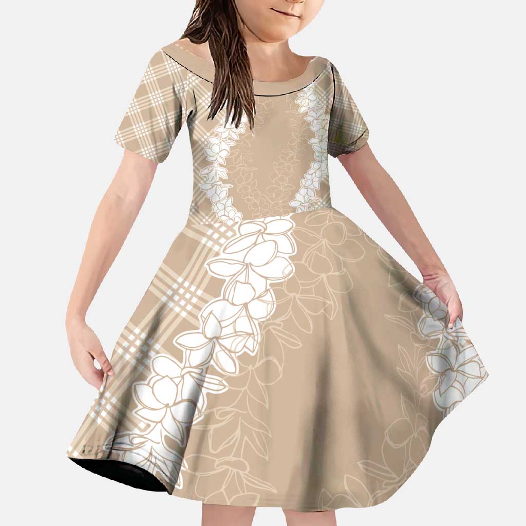 Hawaii Aloha Plumeria Lei Beige Palaka Family Matching Long Sleeve Bodycon Dress and Hawaiian Shirt - Polynesian Pride