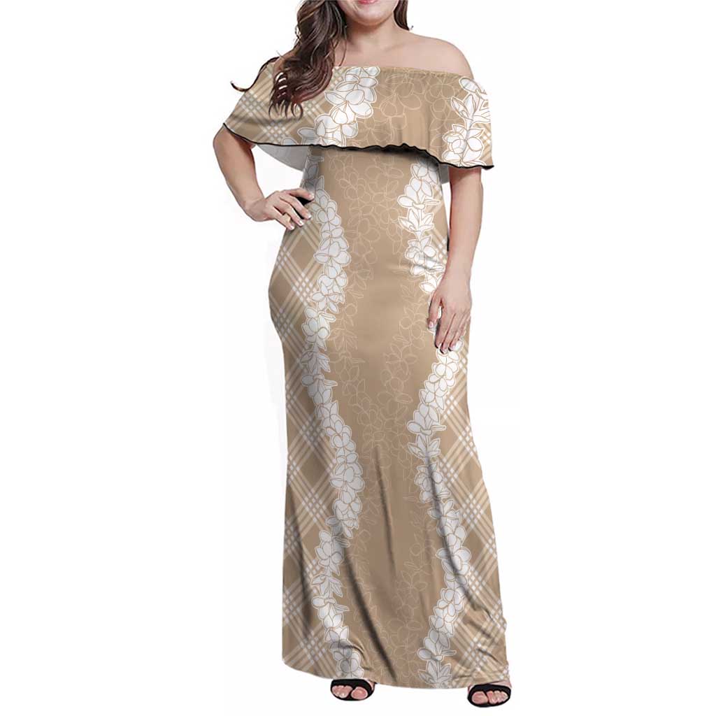 Hawaii Aloha Plumeria Lei Beige Palaka Family Matching Off Shoulder Maxi Dress and Hawaiian Shirt - Polynesian Pride