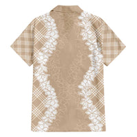 Hawaii Aloha Plumeria Lei Beige Palaka Family Matching Off Shoulder Short Dress and Hawaiian Shirt - Polynesian Pride