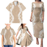Hawaii Aloha Plumeria Lei Beige Palaka Family Matching Puletasi and Hawaiian Shirt - Polynesian Pride