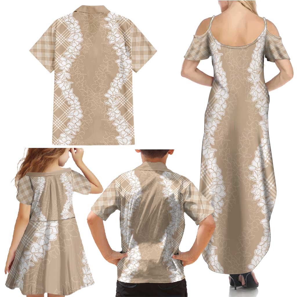 Hawaii Aloha Plumeria Lei Beige Palaka Family Matching Summer Maxi Dress and Hawaiian Shirt - Polynesian Pride
