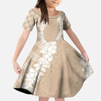 Hawaii Aloha Plumeria Lei Beige Palaka Kid Short Sleeve Dress - Polynesian Pride