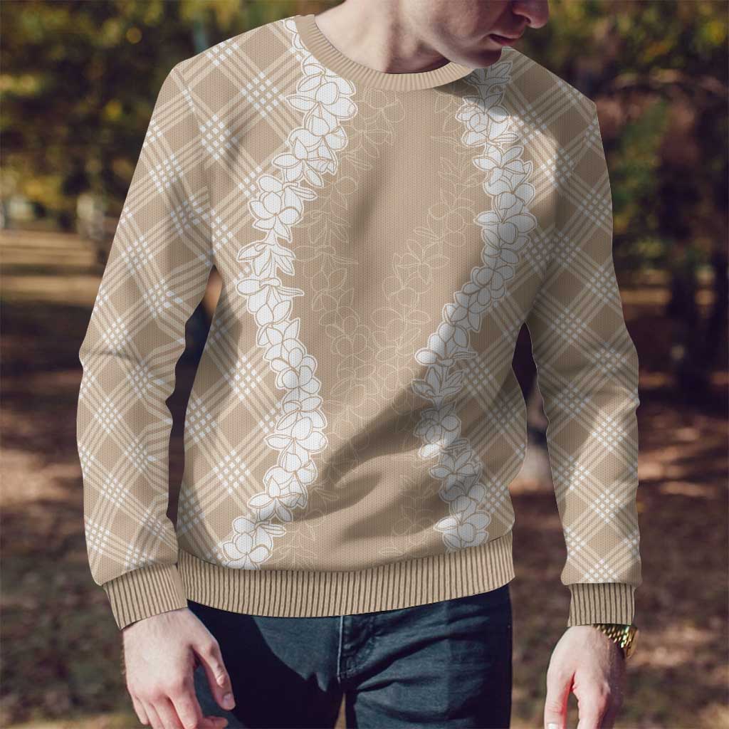 Hawaii Aloha Plumeria Lei Beige Palaka Ugly Christmas Sweater - Polynesian Pride