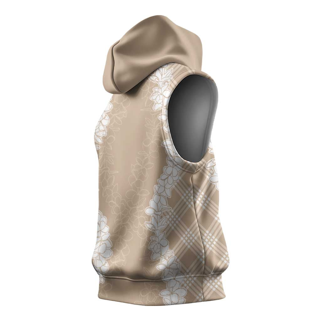 Hawaii Aloha Plumeria Lei Beige Palaka Sleeveless Hoodie LT7 - Polynesian Pride