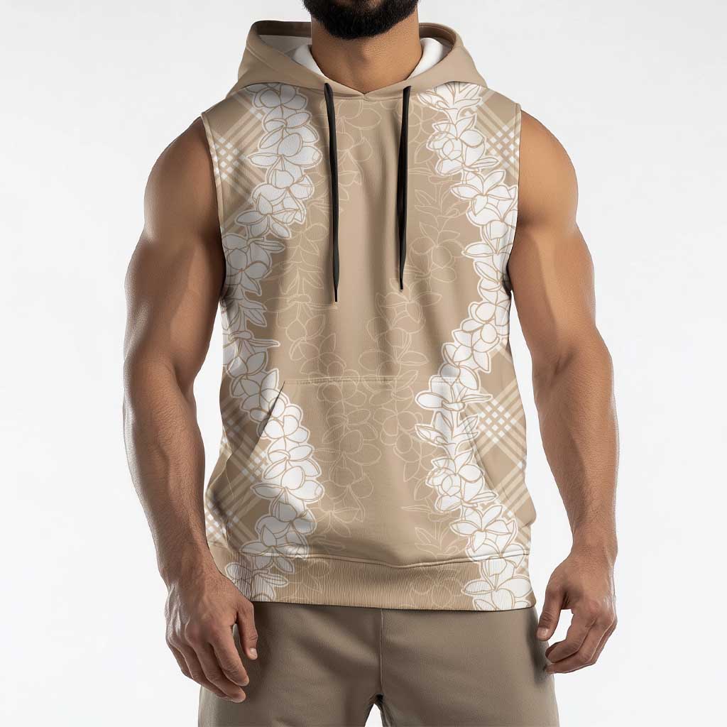 Hawaii Aloha Plumeria Lei Beige Palaka Sleeveless Hoodie LT7 - Polynesian Pride