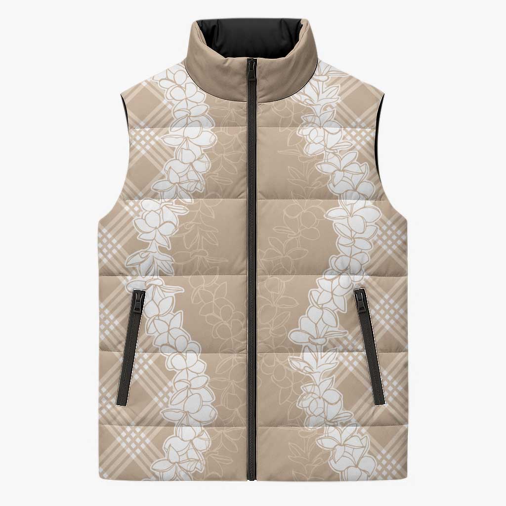 Hawaii Aloha Plumeria Lei Beige Palaka Sleeveless Puffer Jacket LT7 Unisex Beige - Polynesian Pride