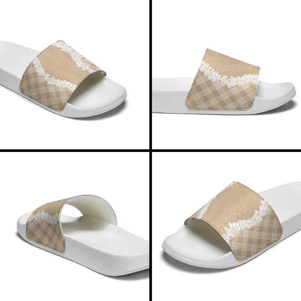 Hawaii Aloha Plumeria Lei Beige Palaka Slide Sandals - Polynesian Pride