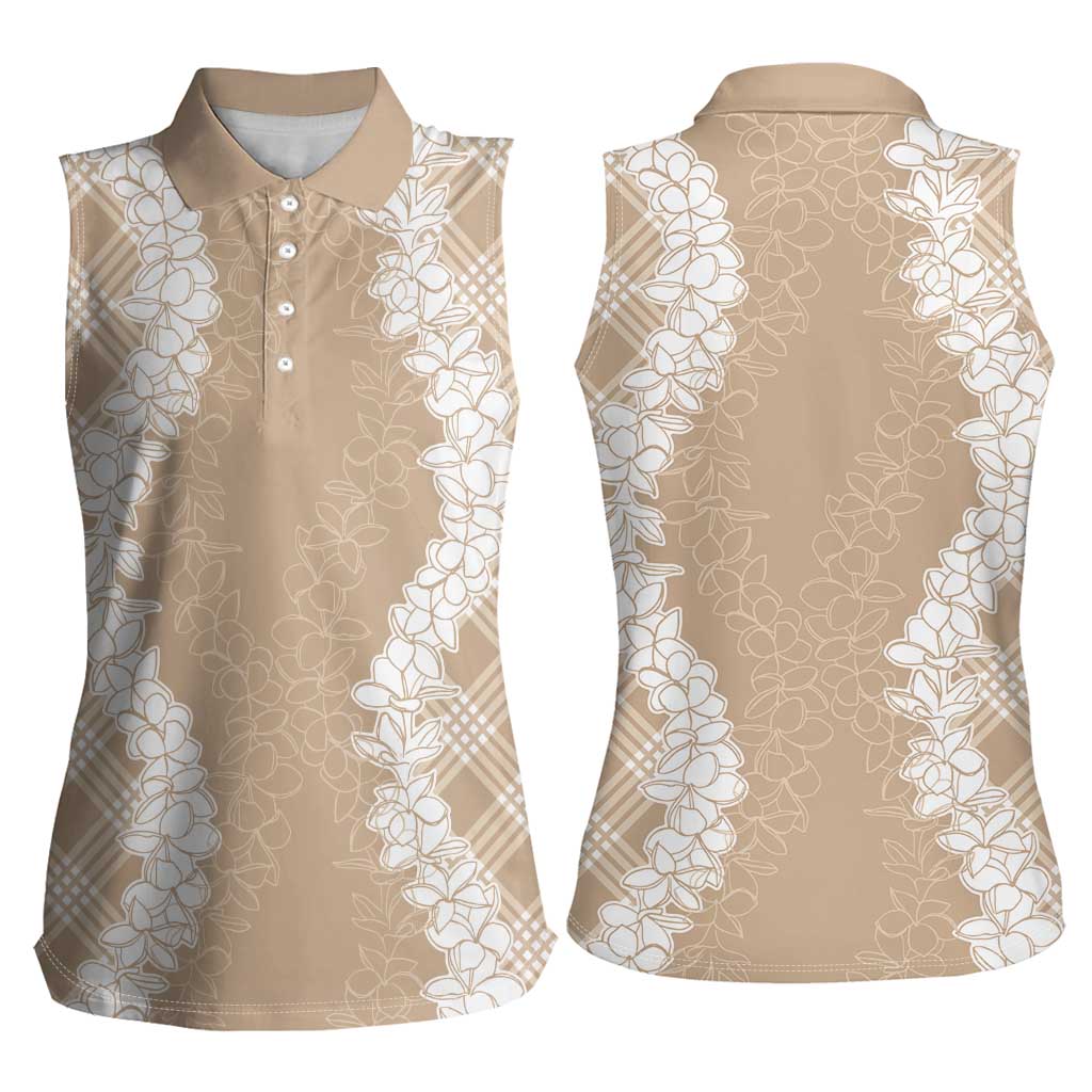 Hawaii Aloha Plumeria Lei Beige Palaka Women Sleeveless Polo Shirt - Polynesian Pride