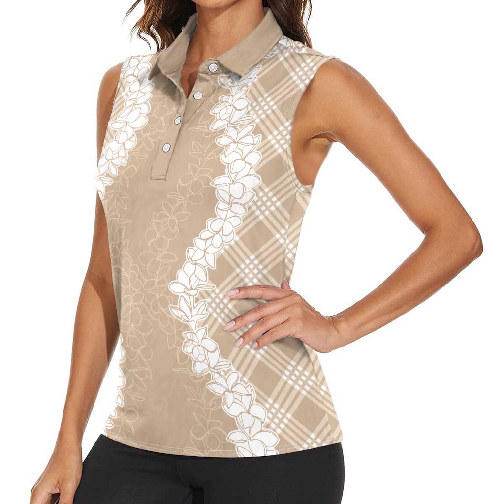 Hawaii Aloha Plumeria Lei Beige Palaka Women Sleeveless Polo Shirt - Polynesian Pride