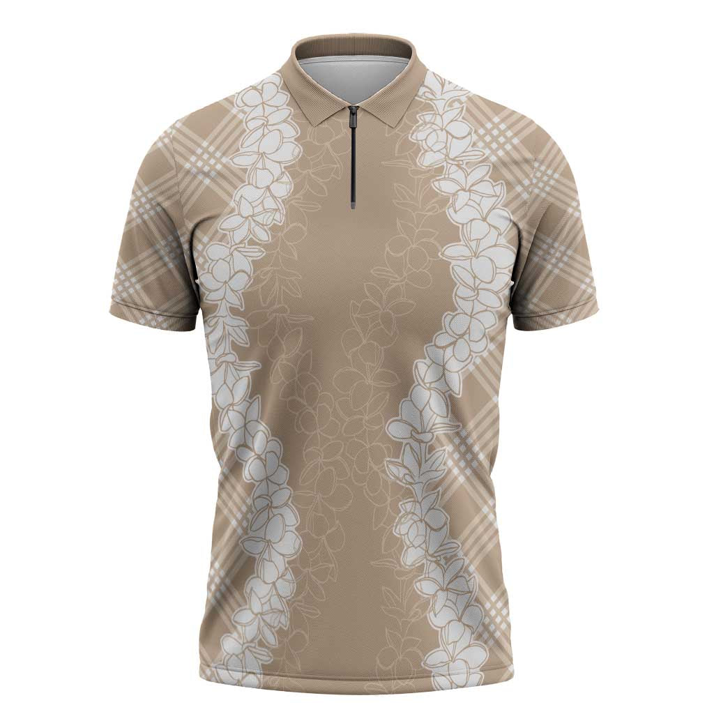 Hawaii Aloha Plumeria Lei Beige Palaka Zipper Polo Shirt - Polynesian Pride
