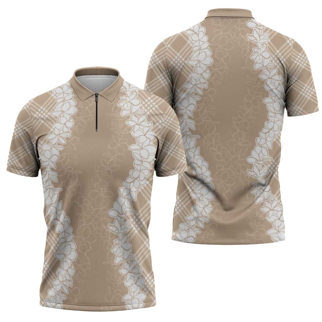 Hawaii Aloha Plumeria Lei Beige Palaka Zipper Polo Shirt - Polynesian Pride