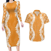 Hawaii Aloha Plumeria Lei Orange Palaka Couples Matching Long Sleeve Bodycon Dress and Hawaiian Shirt - Polynesian Pride