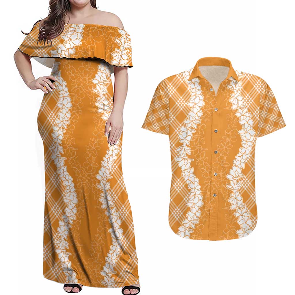 Hawaii Aloha Plumeria Lei Orange Palaka Couples Matching Off Shoulder Maxi Dress and Hawaiian Shirt - Polynesian Pride