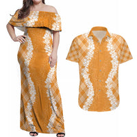Hawaii Aloha Plumeria Lei Orange Palaka Couples Matching Off Shoulder Maxi Dress and Hawaiian Shirt - Polynesian Pride