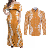 Hawaii Aloha Plumeria Lei Orange Palaka Couples Matching Off Shoulder Maxi Dress and Long Sleeve Button Shirt - Polynesian Pride