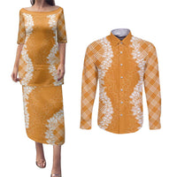 Hawaii Aloha Plumeria Lei Orange Palaka Couples Matching Puletasi and Long Sleeve Button Shirt LT7 Orange - Polynesian Pride