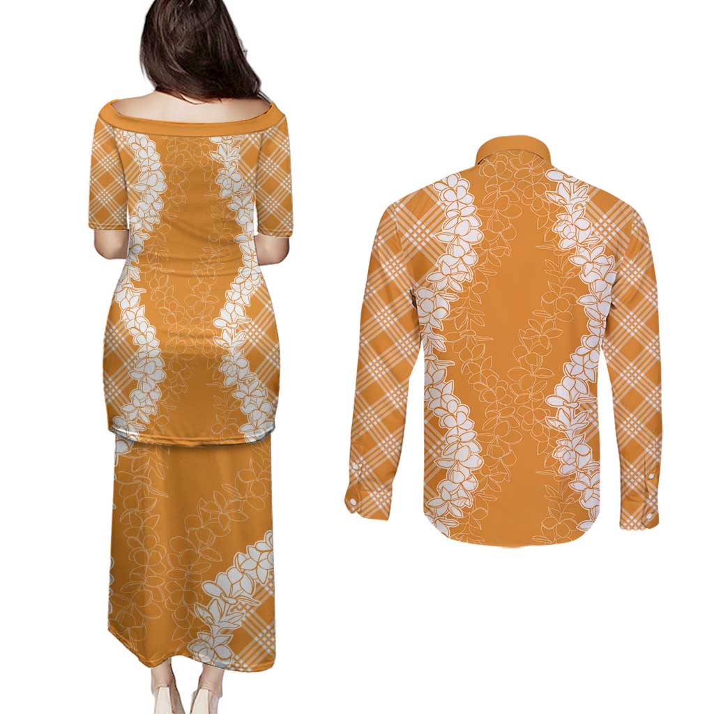 Hawaii Aloha Plumeria Lei Orange Palaka Couples Matching Puletasi and Long Sleeve Button Shirt LT7 - Polynesian Pride