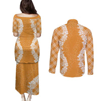 Hawaii Aloha Plumeria Lei Orange Palaka Couples Matching Puletasi and Long Sleeve Button Shirt LT7 - Polynesian Pride