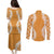 Hawaii Aloha Plumeria Lei Orange Palaka Couples Matching Puletasi and Long Sleeve Button Shirt - Polynesian Pride
