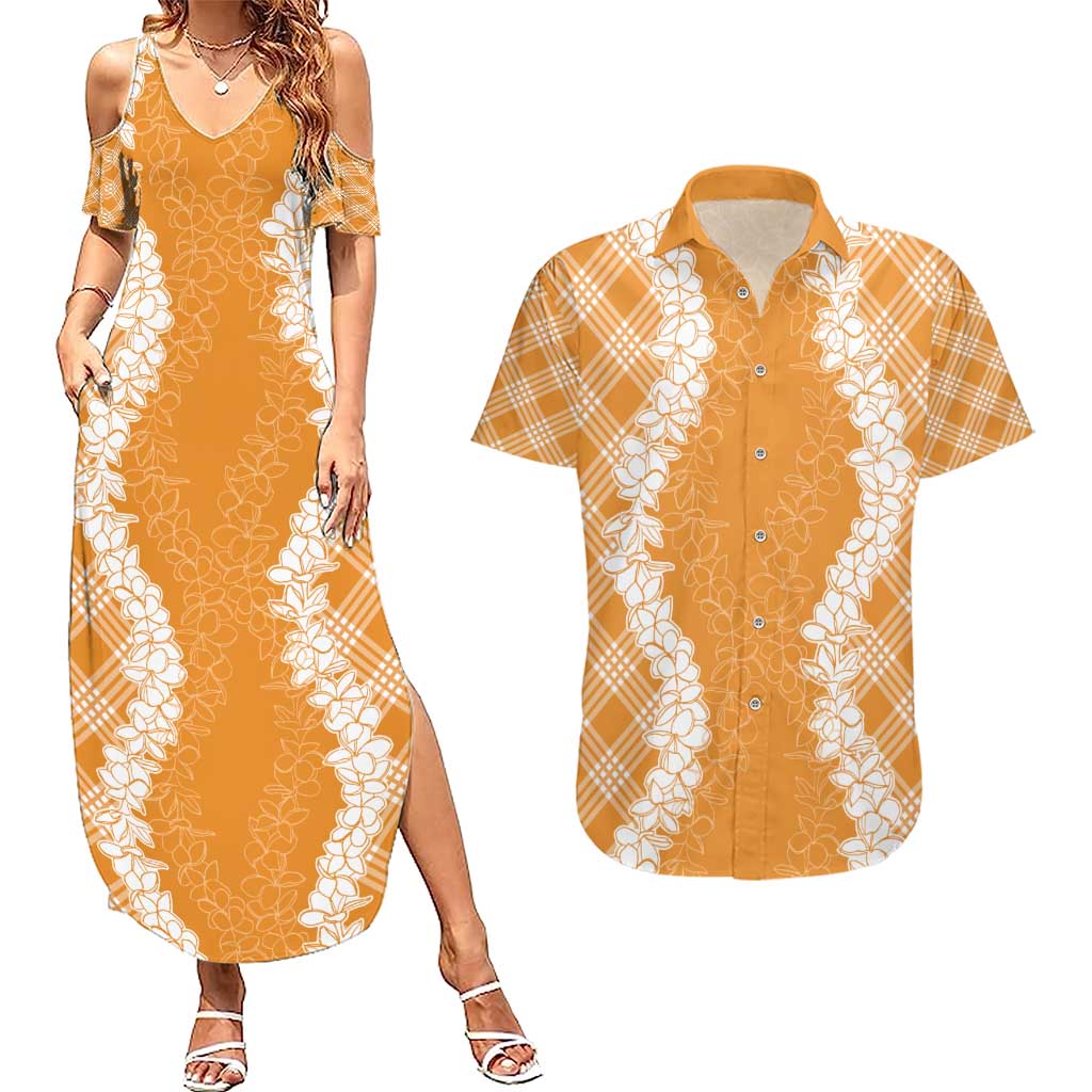 Hawaii Aloha Plumeria Lei Orange Palaka Couples Matching Summer Maxi Dress and Hawaiian Shirt - Polynesian Pride