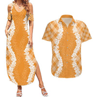 Hawaii Aloha Plumeria Lei Orange Palaka Couples Matching Summer Maxi Dress and Hawaiian Shirt - Polynesian Pride