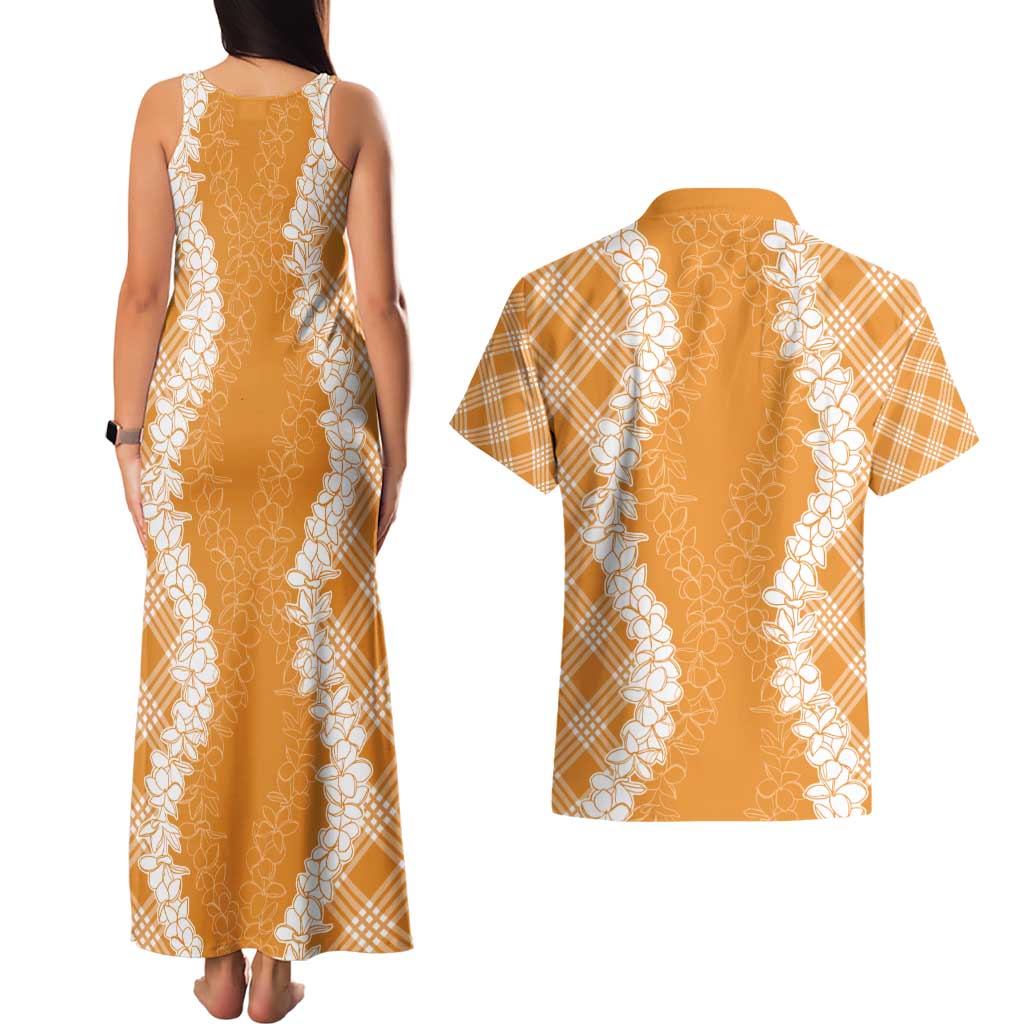 Hawaii Aloha Plumeria Lei Orange Palaka Couples Matching Tank Maxi Dress and Hawaiian Shirt - Polynesian Pride
