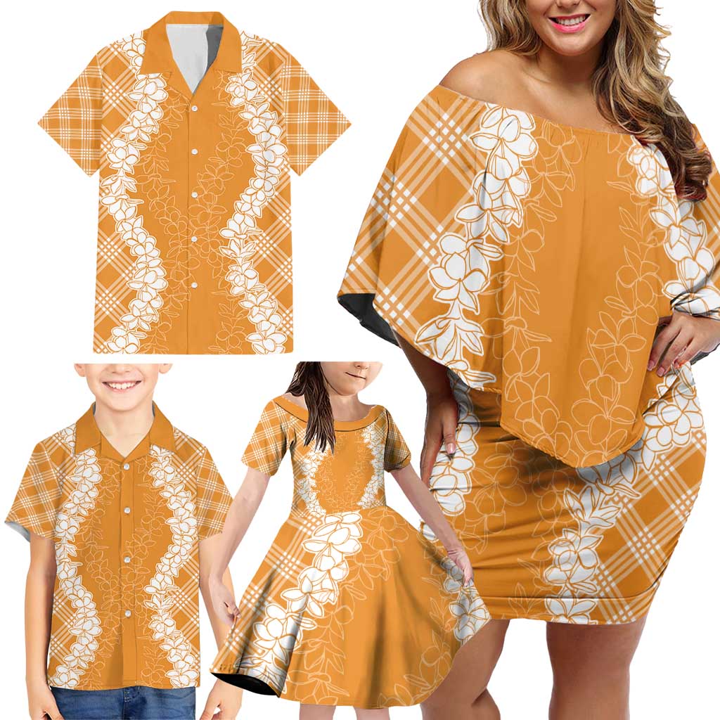 Hawaii Aloha Plumeria Lei Orange Palaka Family Matching Off Shoulder Short Dress and Hawaiian Shirt - Polynesian Pride