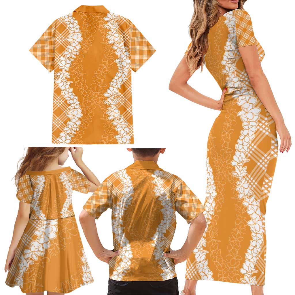 Hawaii Aloha Plumeria Lei Orange Palaka Family Matching Short Sleeve Bodycon Dress and Hawaiian Shirt - Polynesian Pride